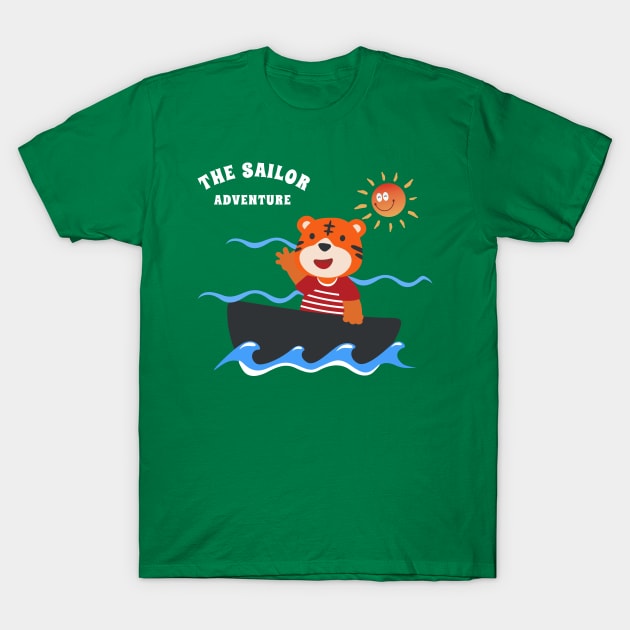 Funny tiger sailor cartoon vector on little boat T-Shirt by KIDS APPAREL